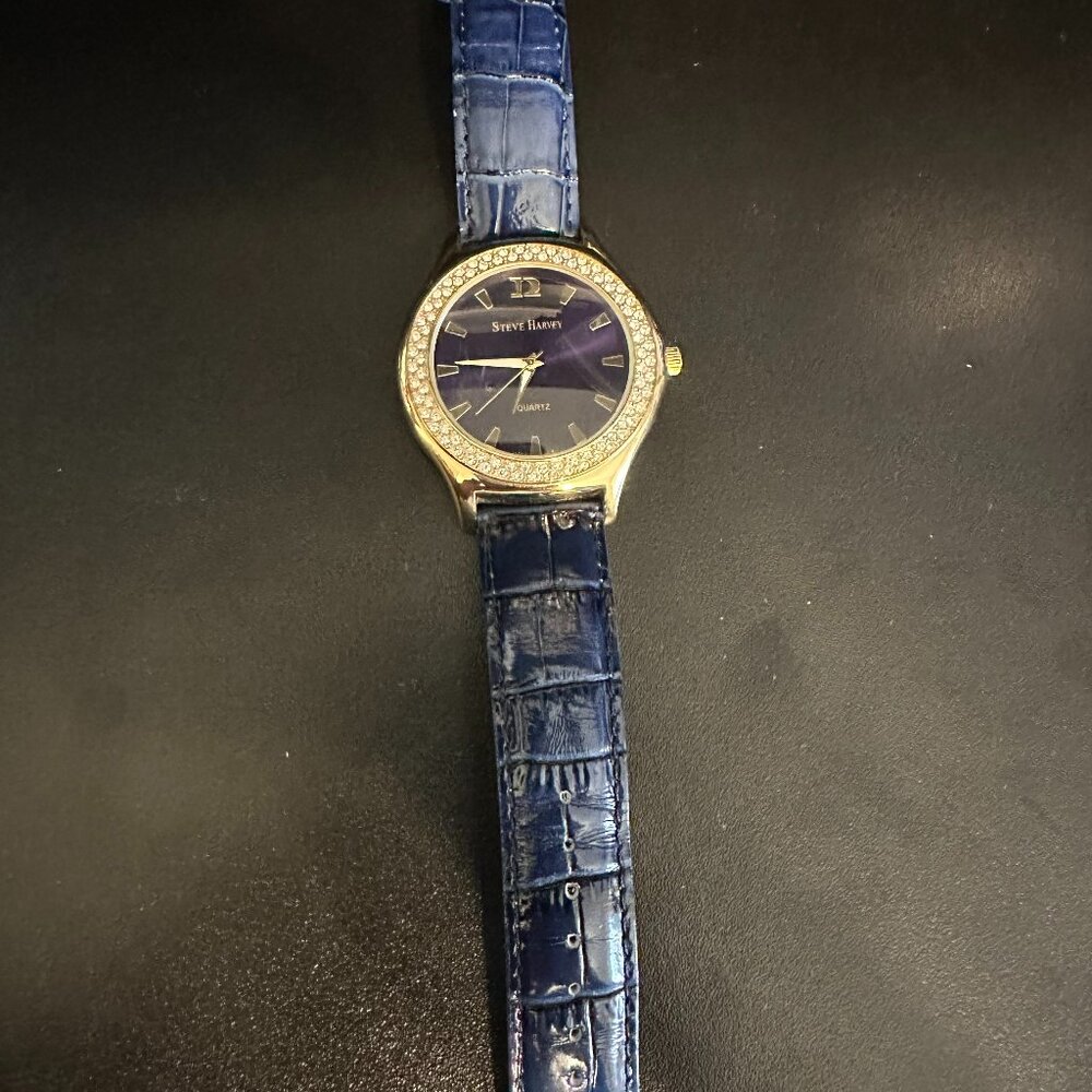Steve Harvey Gold-Tone Watch with Blue Leather Strap - Brand New Battery